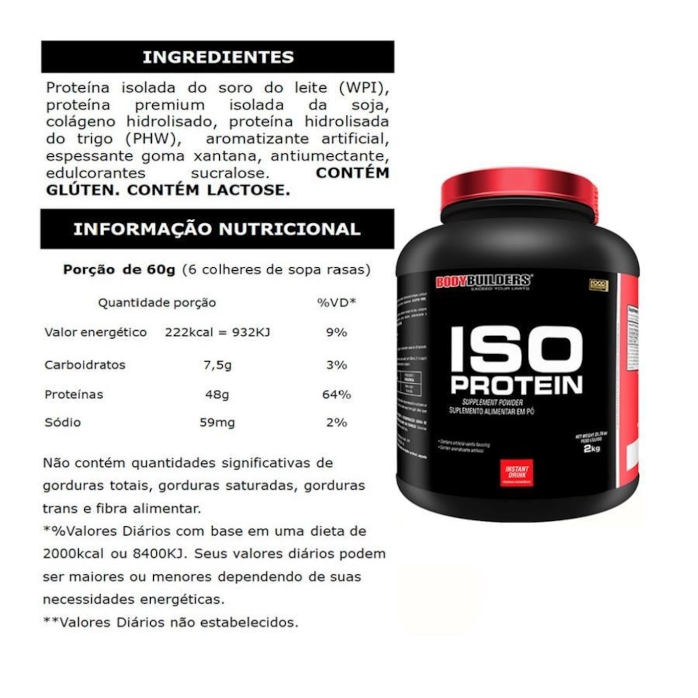 Kit Whey Protein Isolado Bodybuilders - Baunilha - 2kg - 2 potes - Foto 2