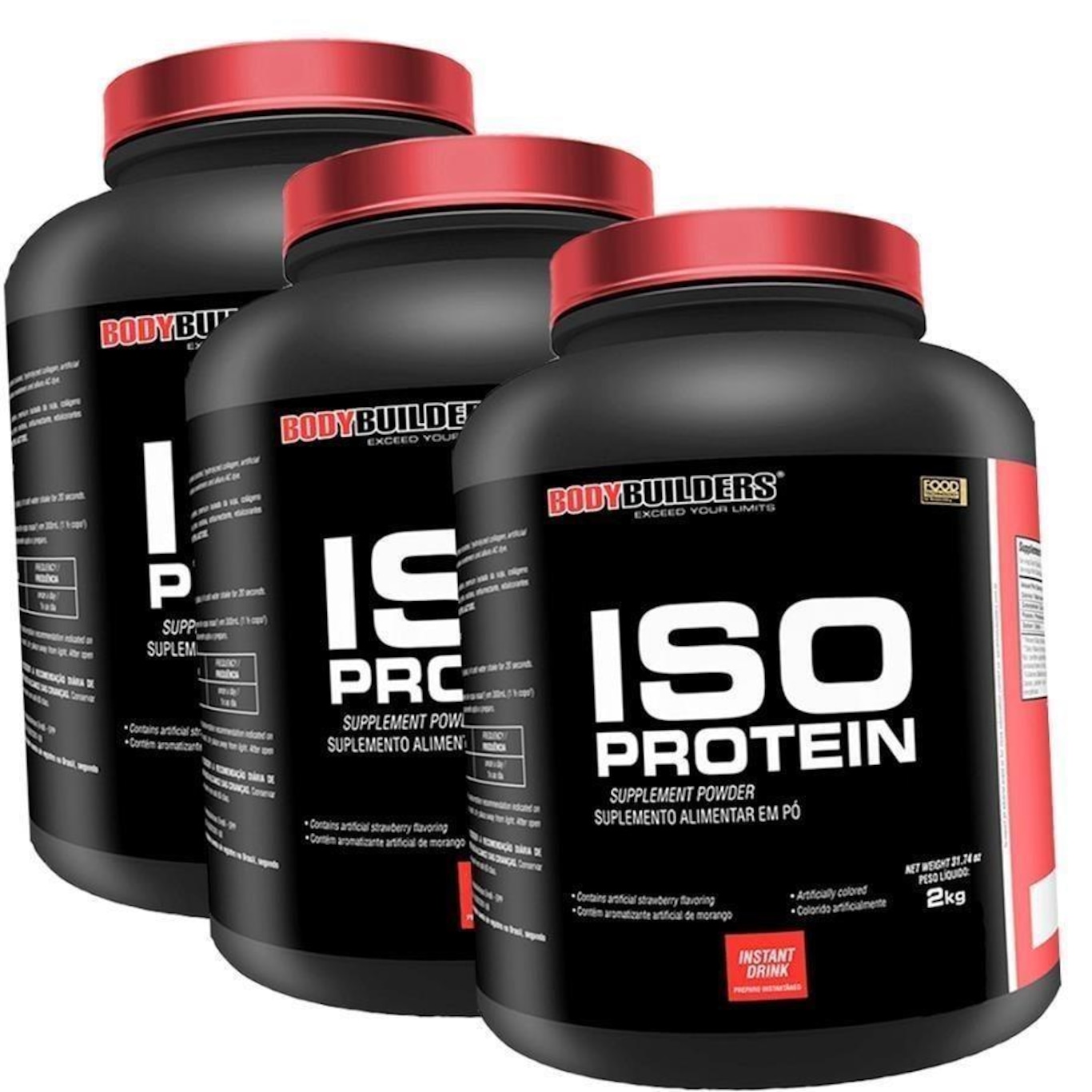 Kit Whey Protein Isolado Bodybuilders - Morango - 2kg - 3 potes - Foto 1