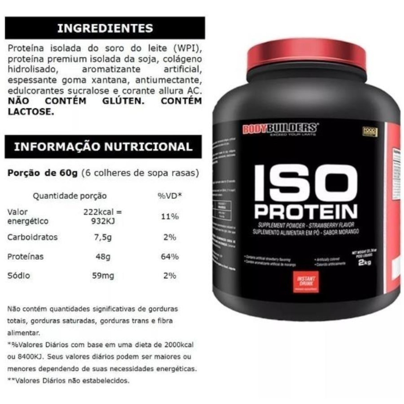 Kit Whey Protein Isolado Bodybuilders - Morango - 2kg - 3 potes - Foto 2