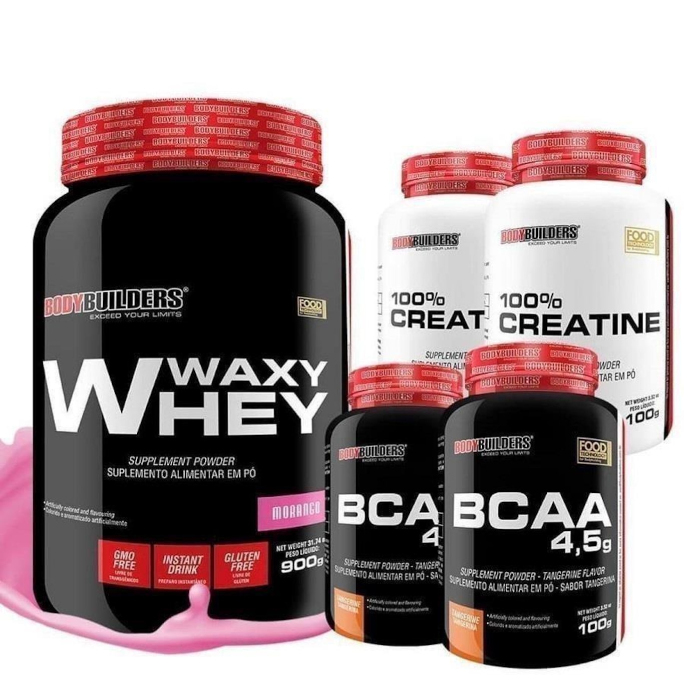 Kit Bodybuilders Whey Protein Morango - 900g + 2x BCAA - 100g + 2x Creatina 100g - Foto 1