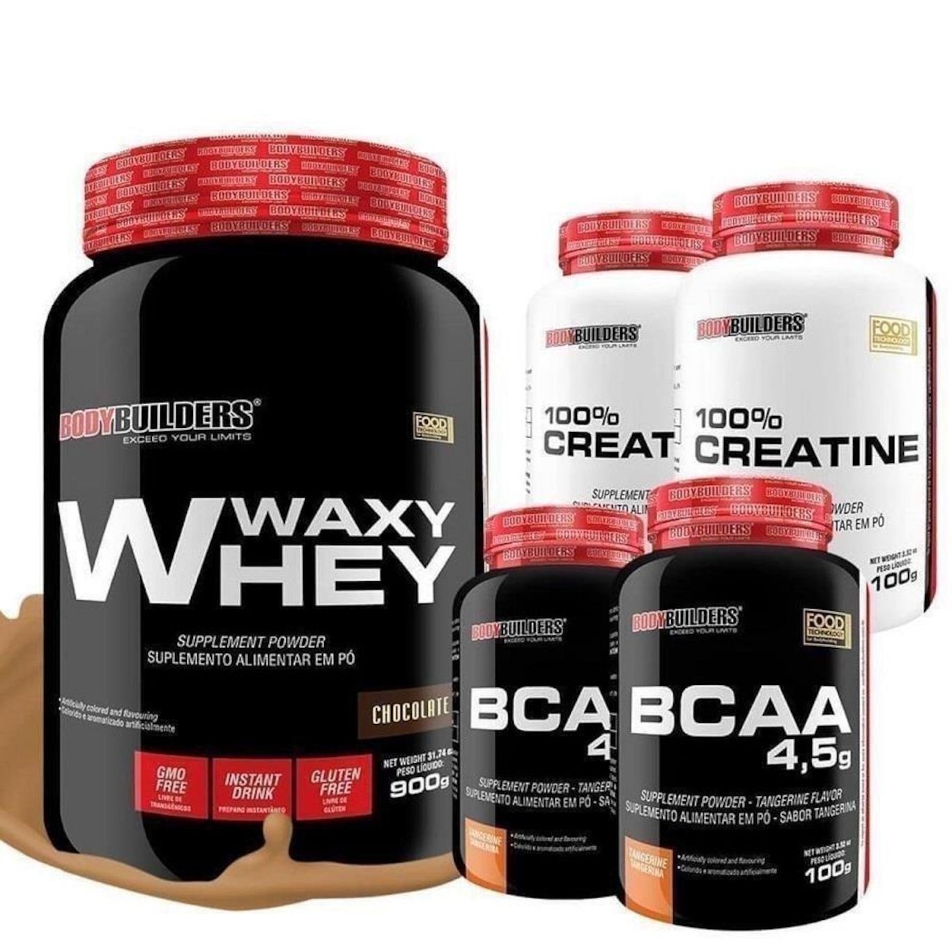 Kit Bodybuilders Whey Protein Chocolate - 900g + 2x BCAA 4,5g - 100g + 2x Creatina 100g - Foto 1