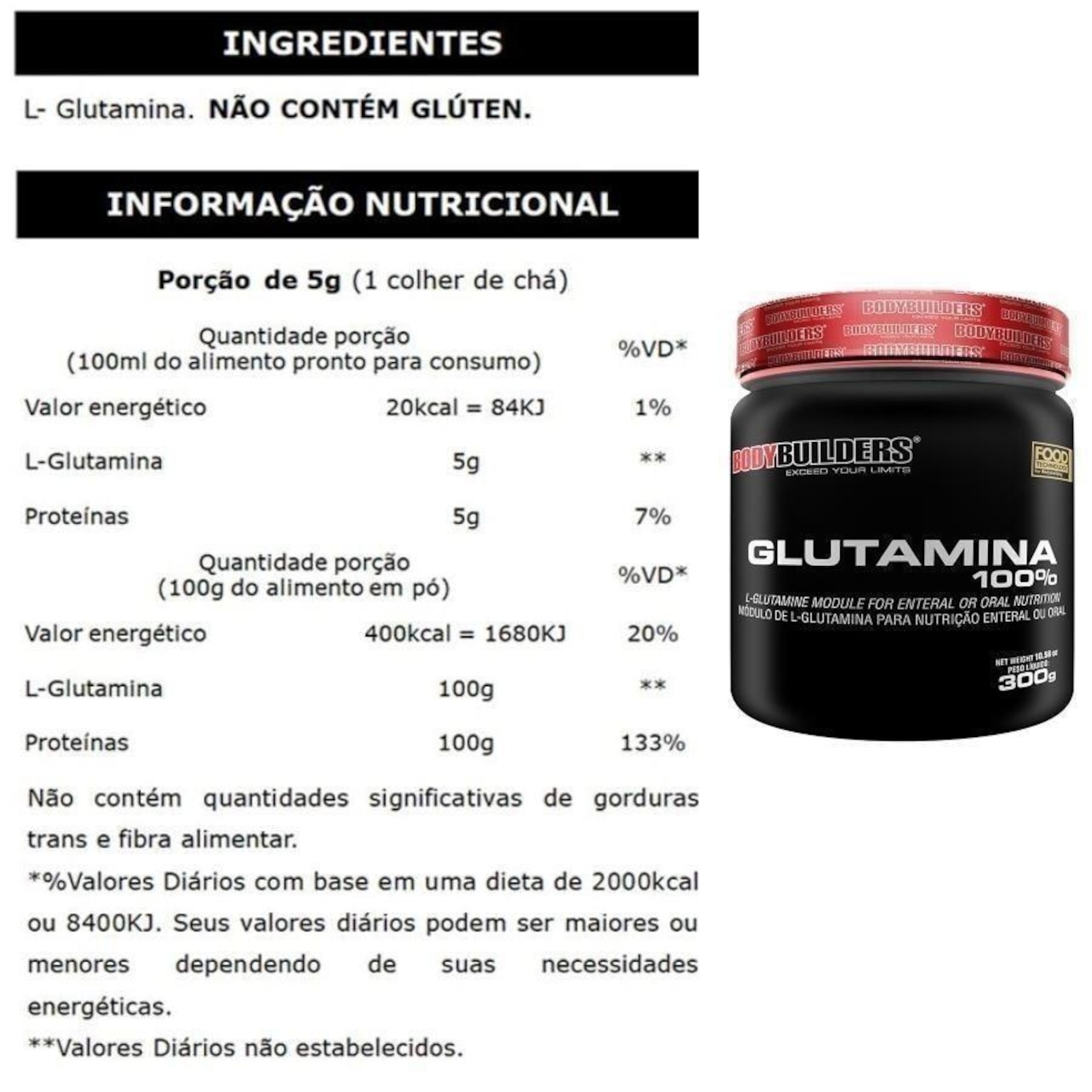 Kit Glutamina 100% Bodybuilders - 4 potes - 300g - Foto 2