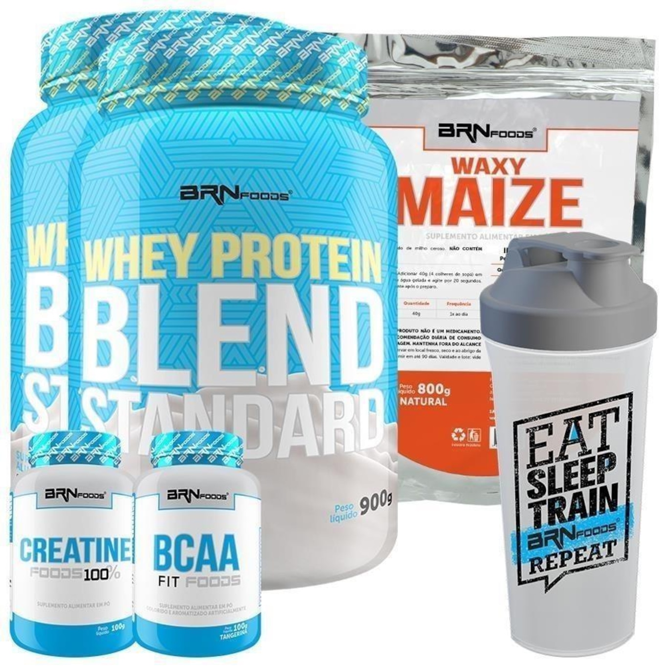 Kit 2x Whey Blend  BRN Fooods - Morango - 900g + BCAA 100g + Creatina 100g + Waxy Maize 800g + Coqueteleira - 600 ml - Foto 1