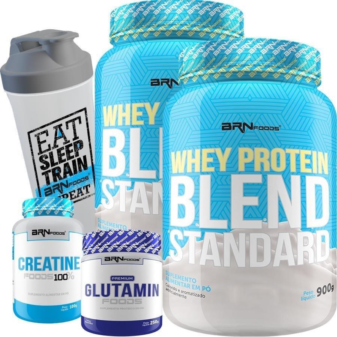 Kit 2x Whey Protein 900g Baunilha + Glutamina 250g + Creatina 100g + Coqueteleira - BRN Foods - Foto 1