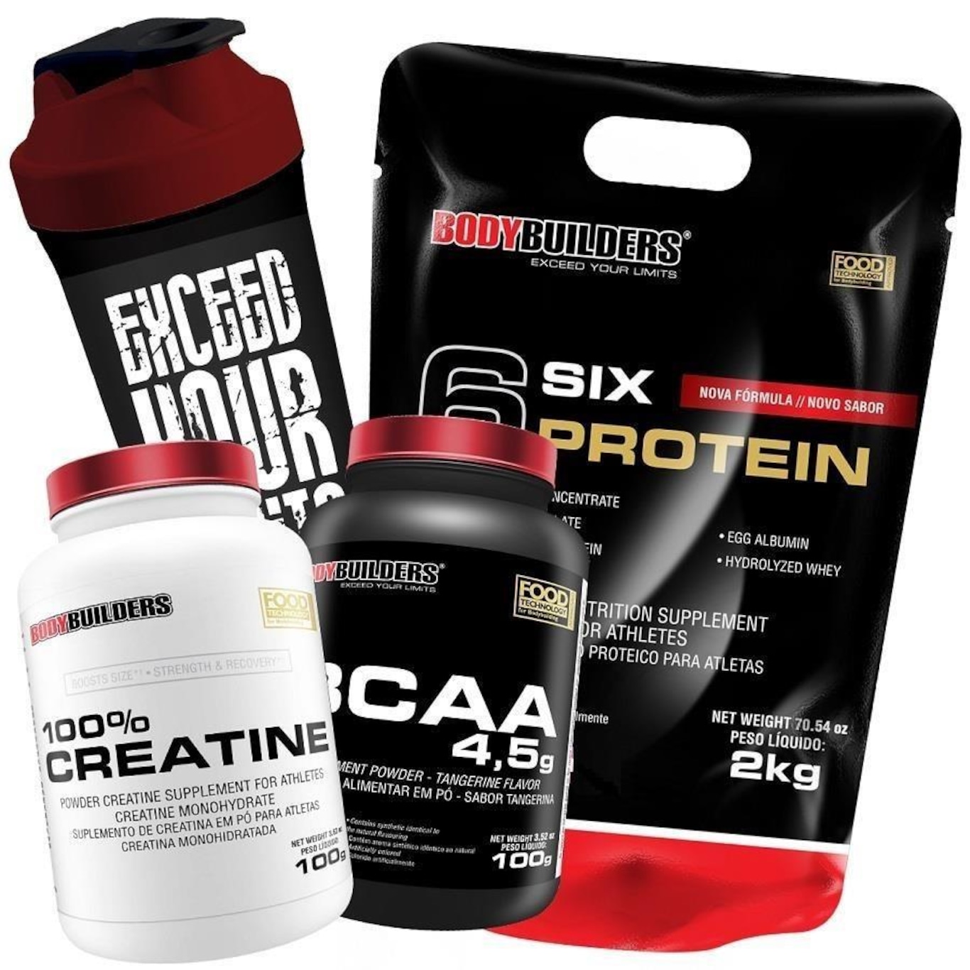 Kit Whey Six Protein Morango 2kg + BCAA 100g + Creatina 100g + Coqueteleira - Bodybuilders - Foto 1