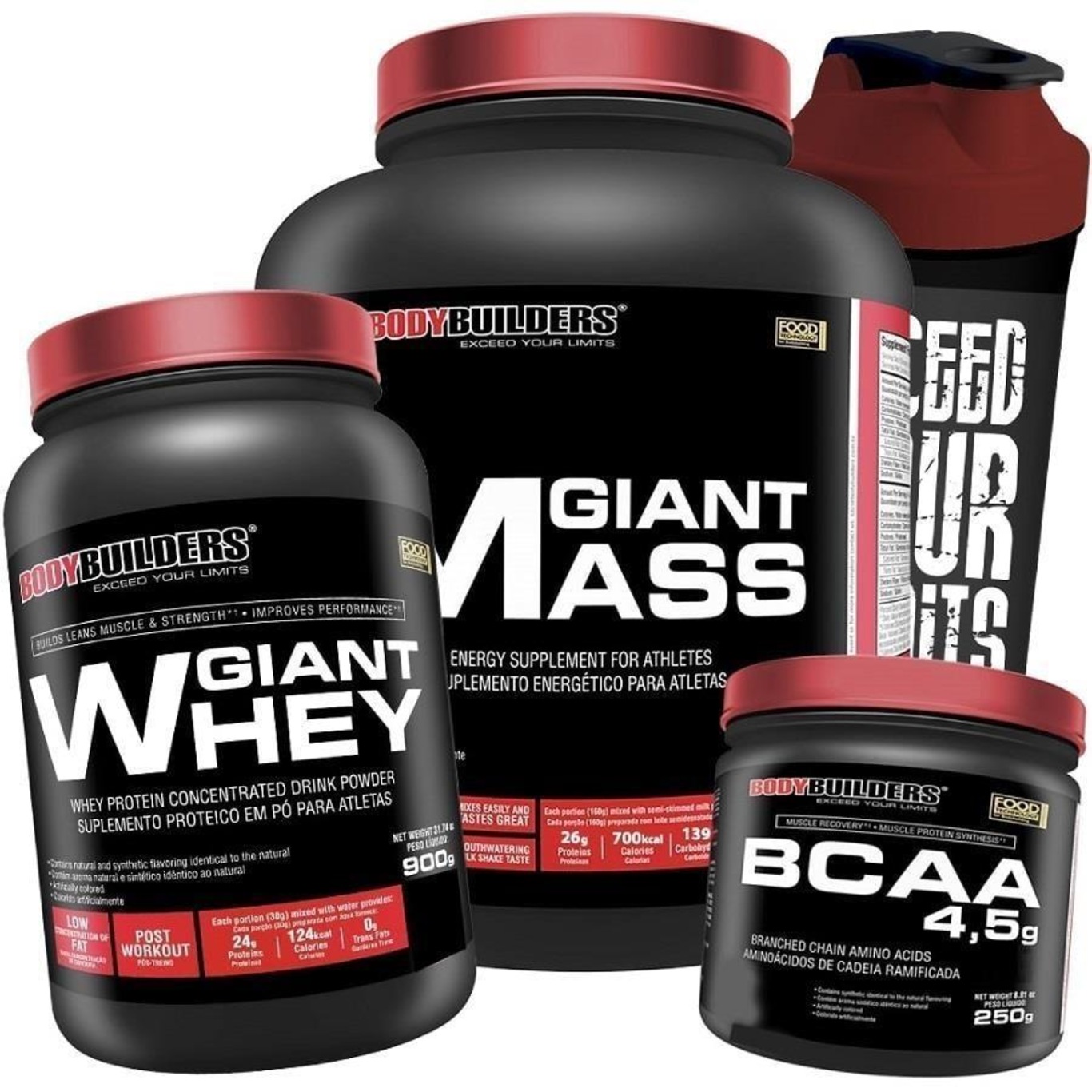 Kit Bodybuilders Hipercalórico Giant Mass Morango 3kg + Whey Protein Morango 900g + BCAA 250g + Coqueteleira - Foto 1