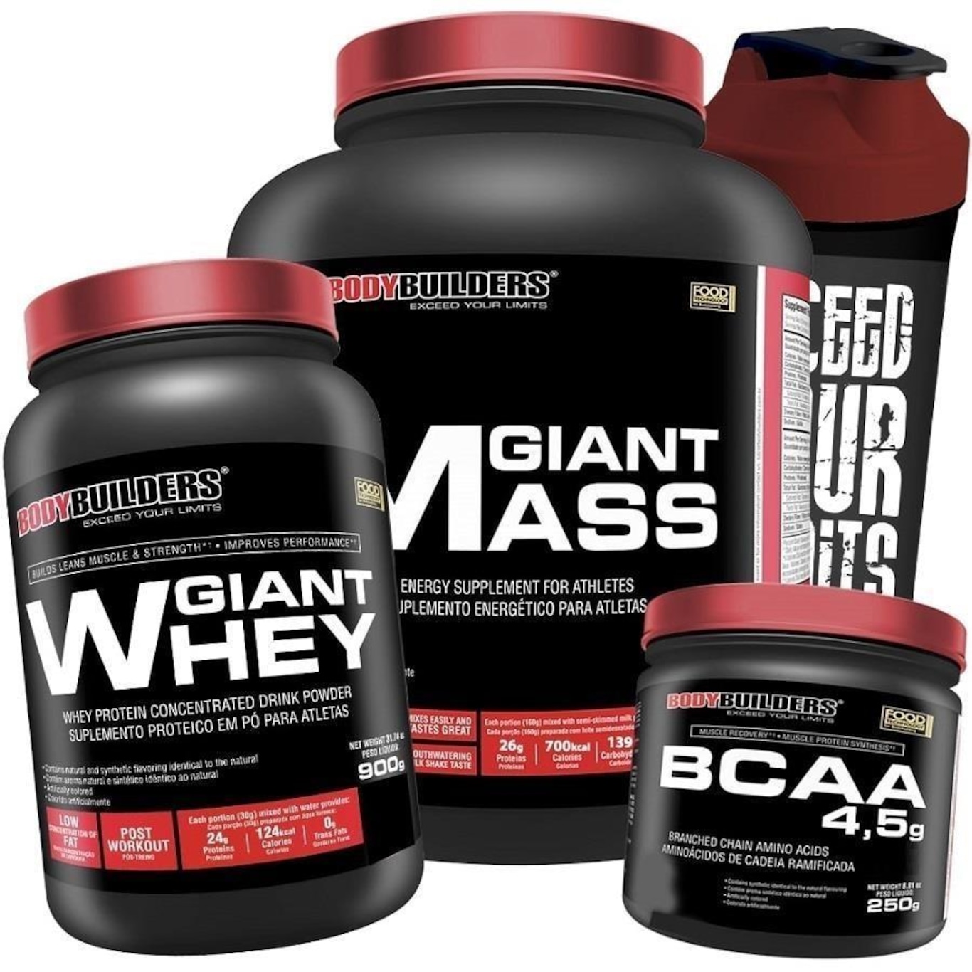 Kit Bodybuilders Hipercalórico Giant Mass Baunilha 3kg + Whey Protein Morango 900g + BCAA 250g + Coqueteleira 600ml - Foto 1