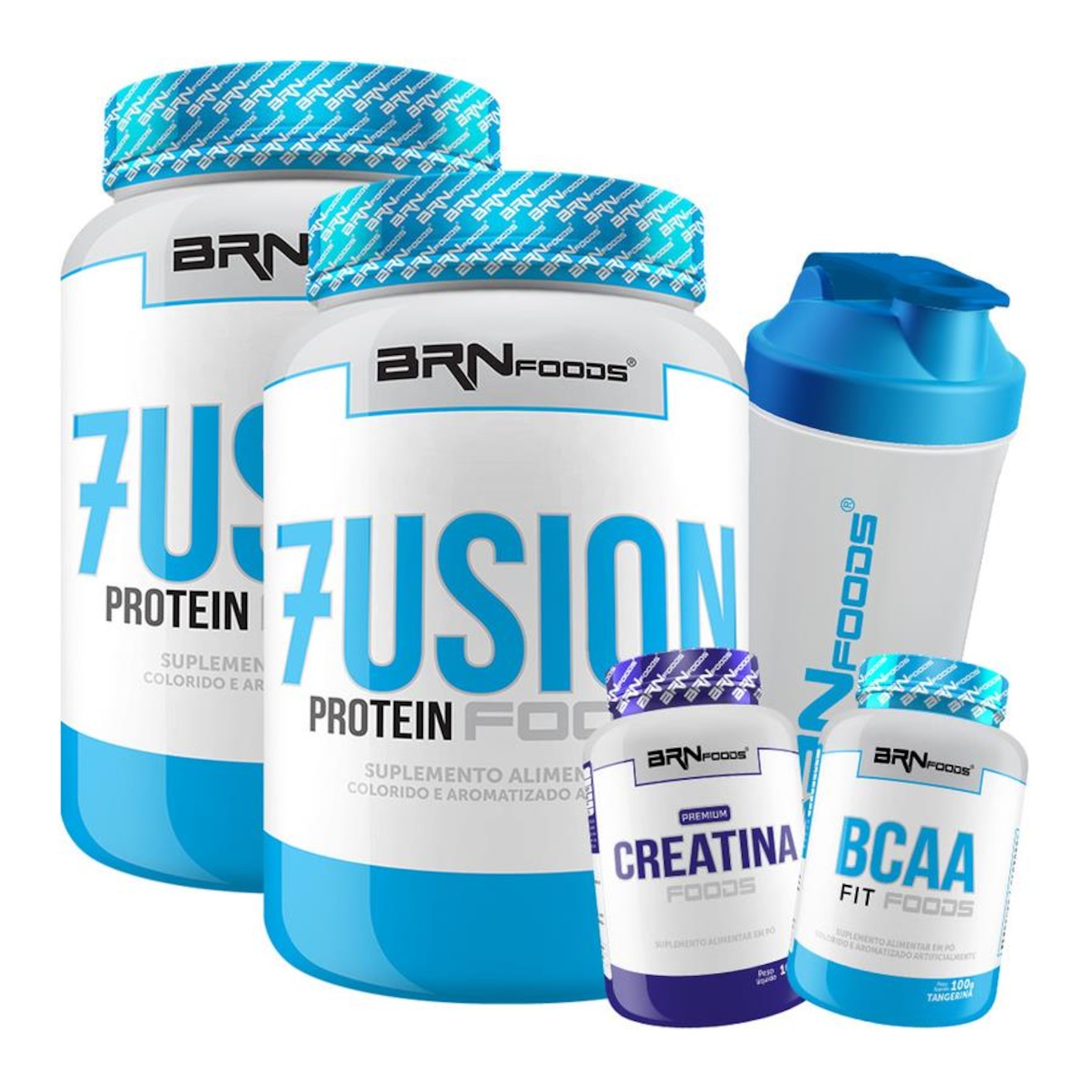 Kit BRN Foods 2x Whey Protein Fusion 900g Morango + BCAA 100g + Creatina 100g + Coqueteleira - Foto 1