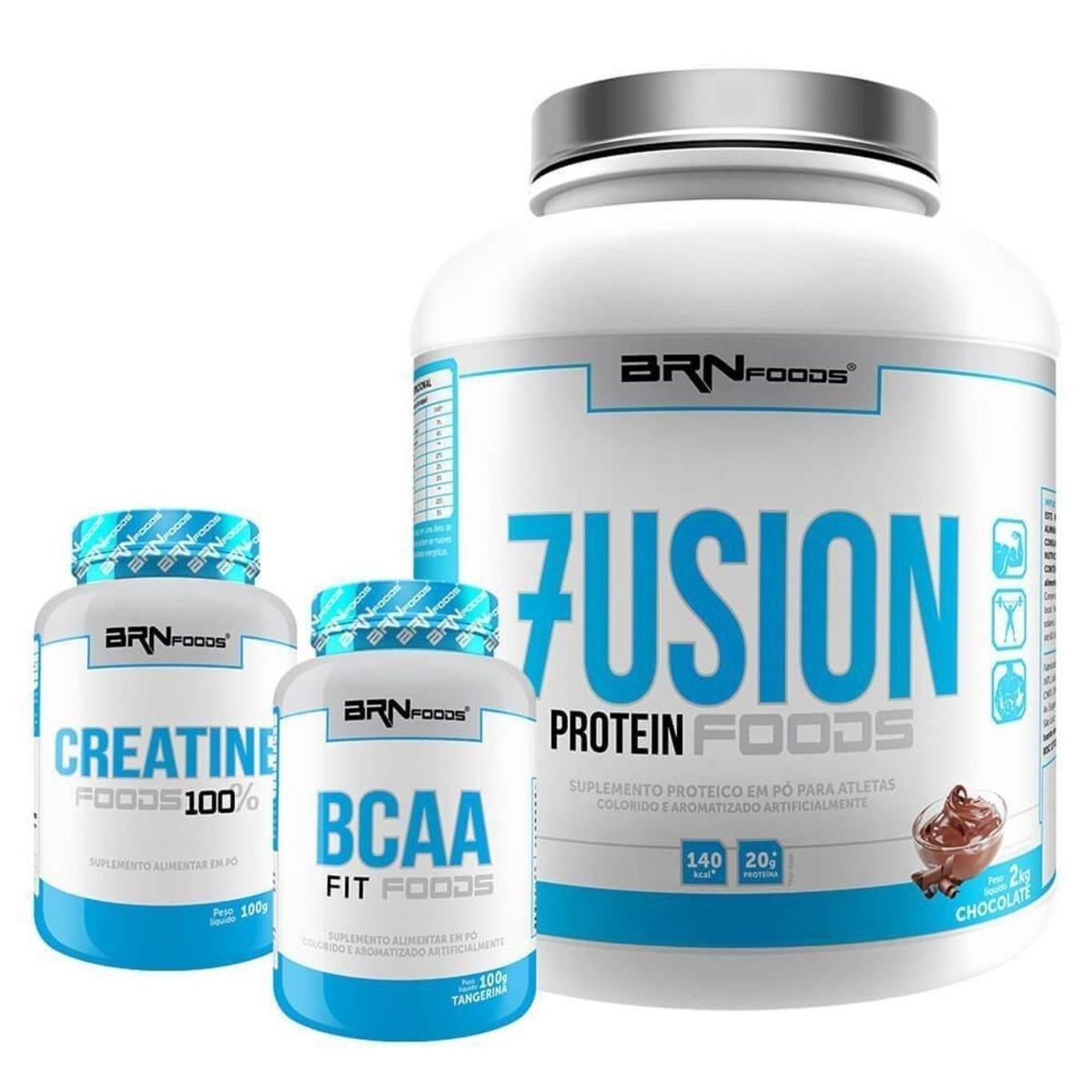 Kit BRN Foods Whey Protein Fusion 2kg Chocolate + BCAA 100g + Creatina 100g - Foto 1