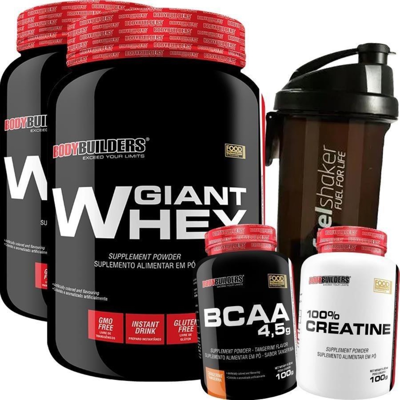 Kit 2x Whey Protein 900g Chocolate + BCAA 100g + Creatina 100g + Fuel Shaker - Bodybuilders - Foto 1