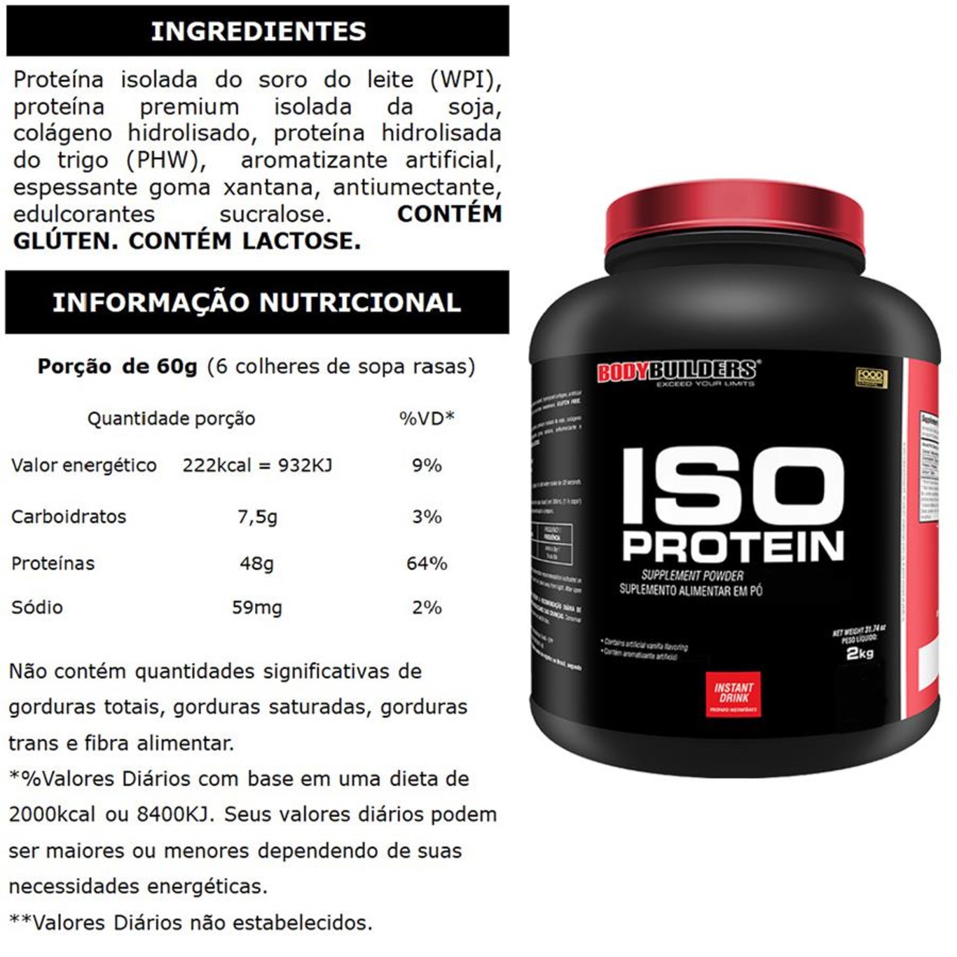 Kit Whey Protein Isolado Morango 2kg + BCAA 4.5 100g + Creatina 100g - Bodybuilders - Foto 2