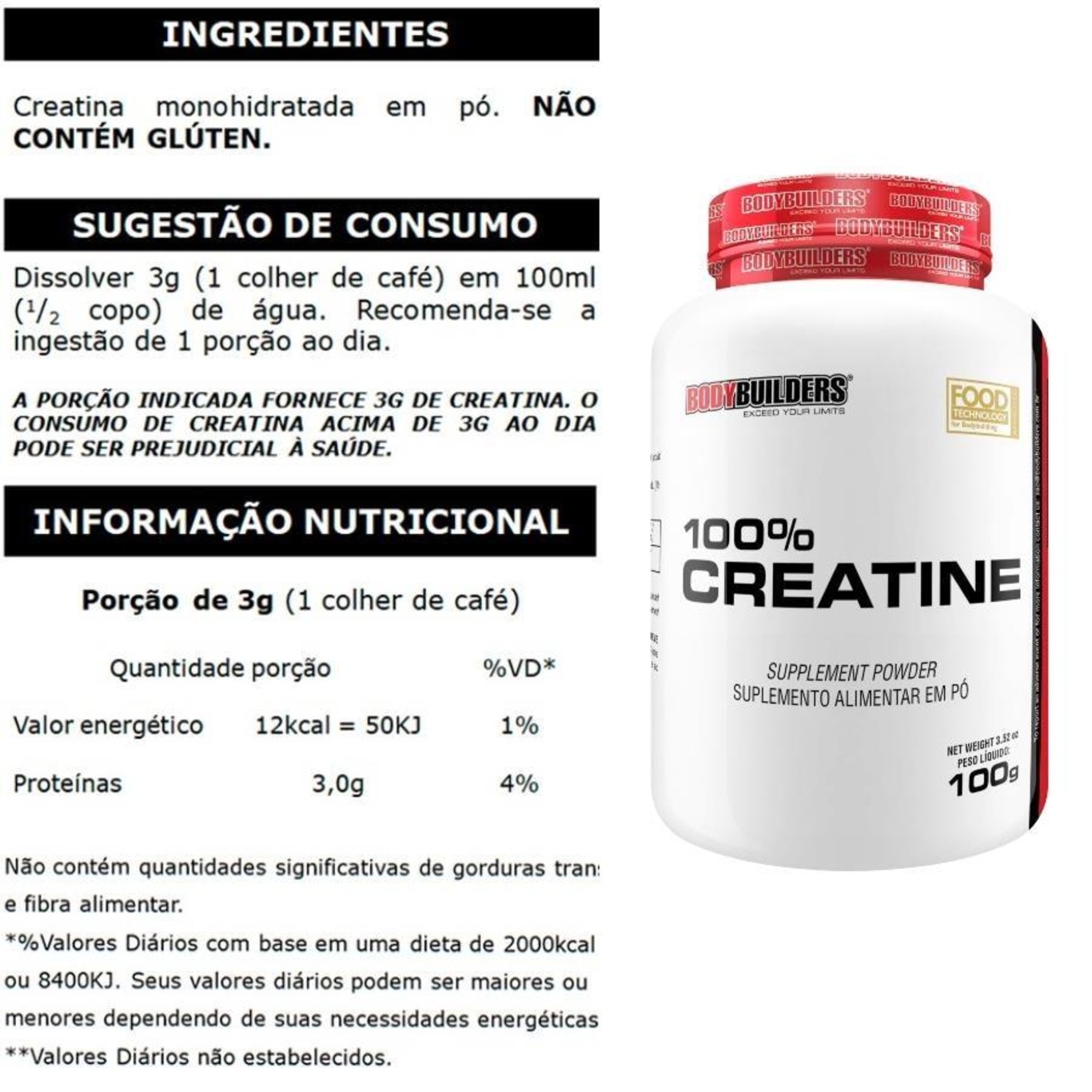 Kit 100% Whey Protein 1,8kg Morango + Creatina + BCAA + Coqueteleira - Bodybuilders - Foto 4