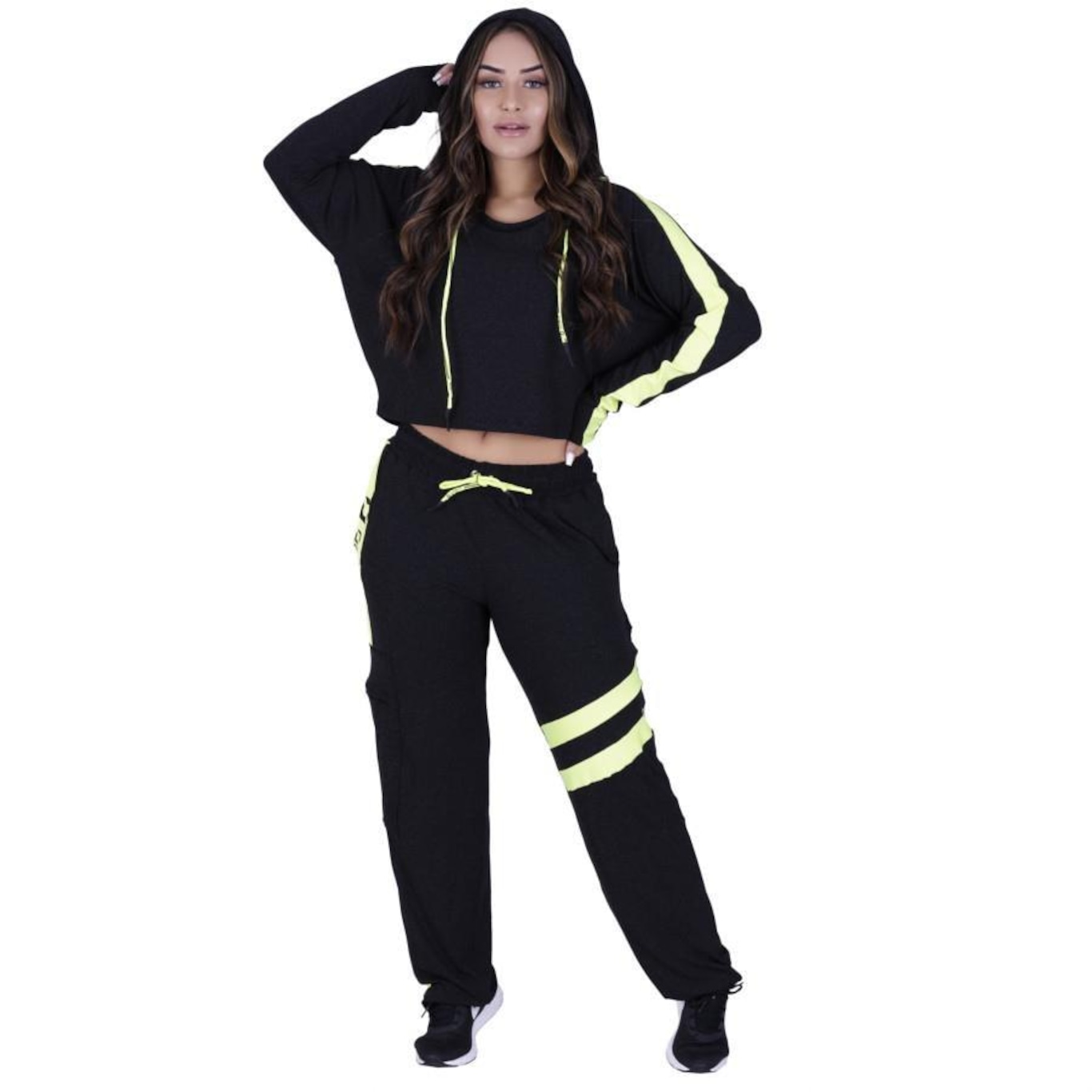 Conjunto Orbis Fitness com Calça Cargo Bolsos + Cropped Capuz Visco Crepe Rústico Ecocel - Feminino - Foto 1