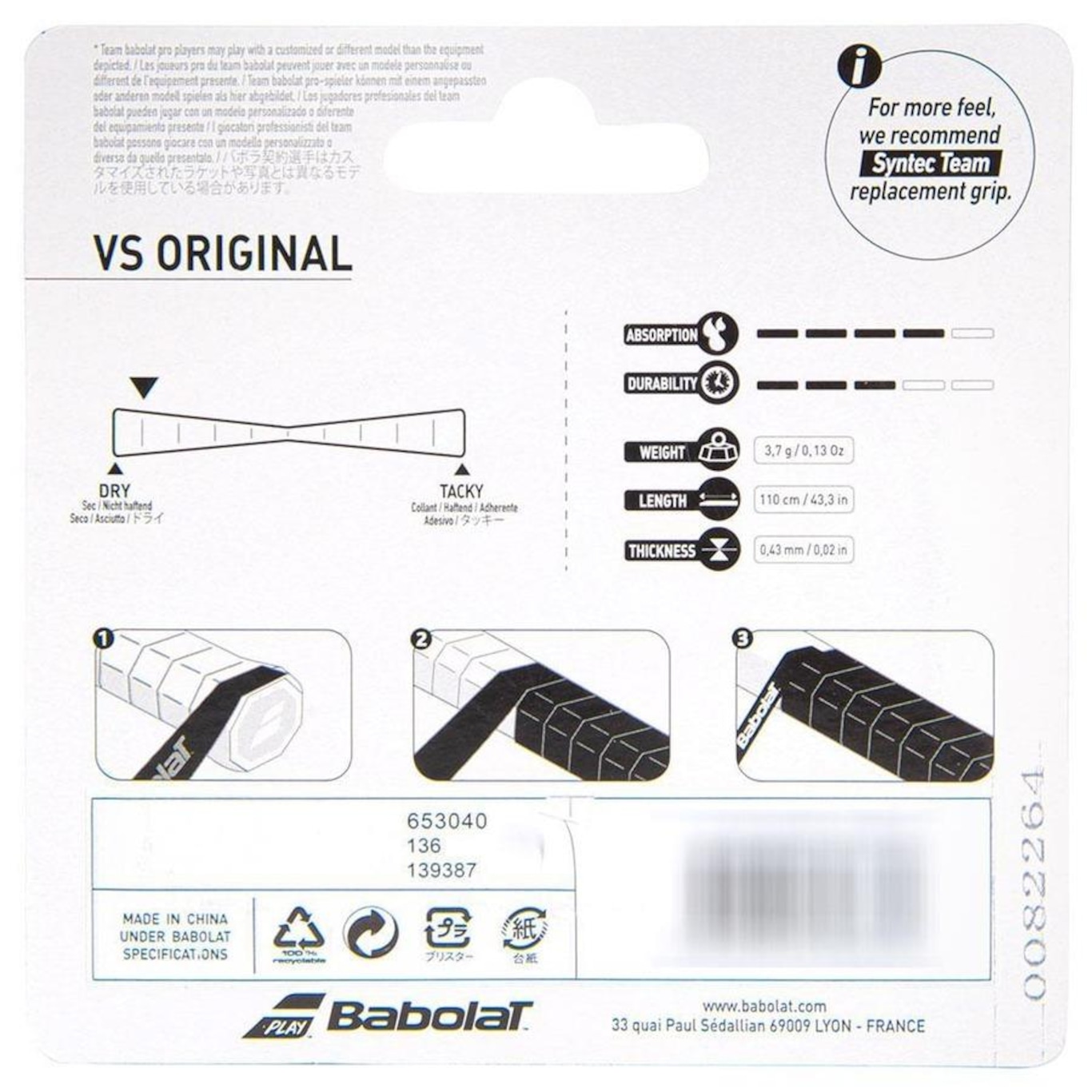 Babolat Tour Original Overgrip 3er Pack - Griffband Für Tennis & Padel