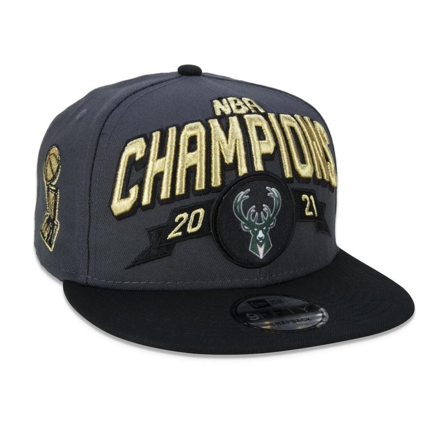 Boné Aba Reta New Era 9Fifty Milwaukee Bucks Campeão NBA Oficial de Quadra 2021 - Snapback - Adulto - Foto 3