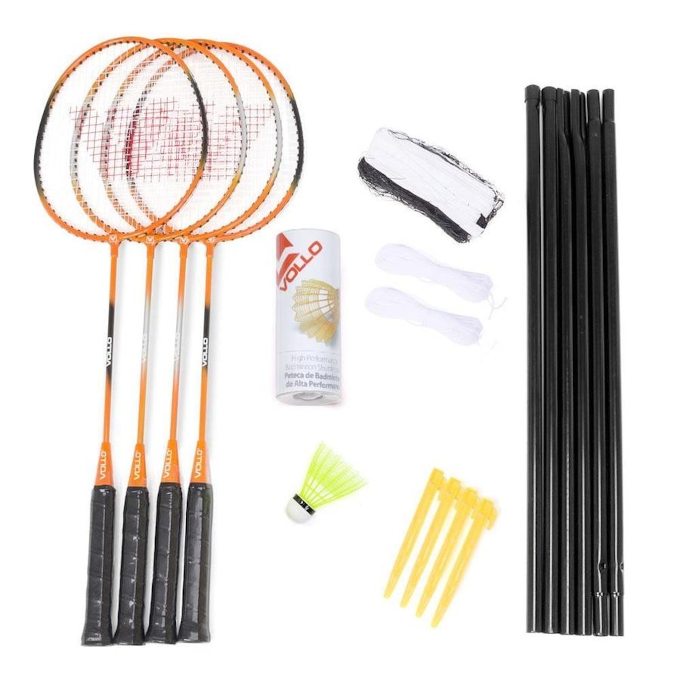 Kit Badminton Vollo: 4 Raquetes + 3 Petecas de Nylon Rede + Suporte - Foto 1