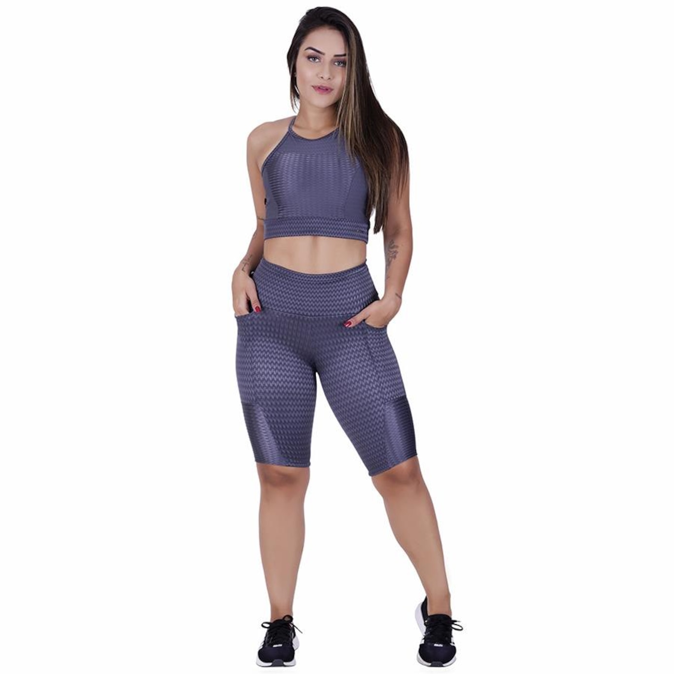 Bermuda Orbis Fitness Bolso Cós Alto Cirre Textura Brilho - Feminina - Foto 2