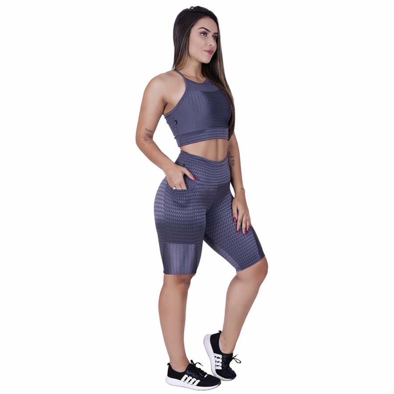 Bermuda Orbis Fitness Bolso Cós Alto Cirre Textura Brilho - Feminina - Foto 3