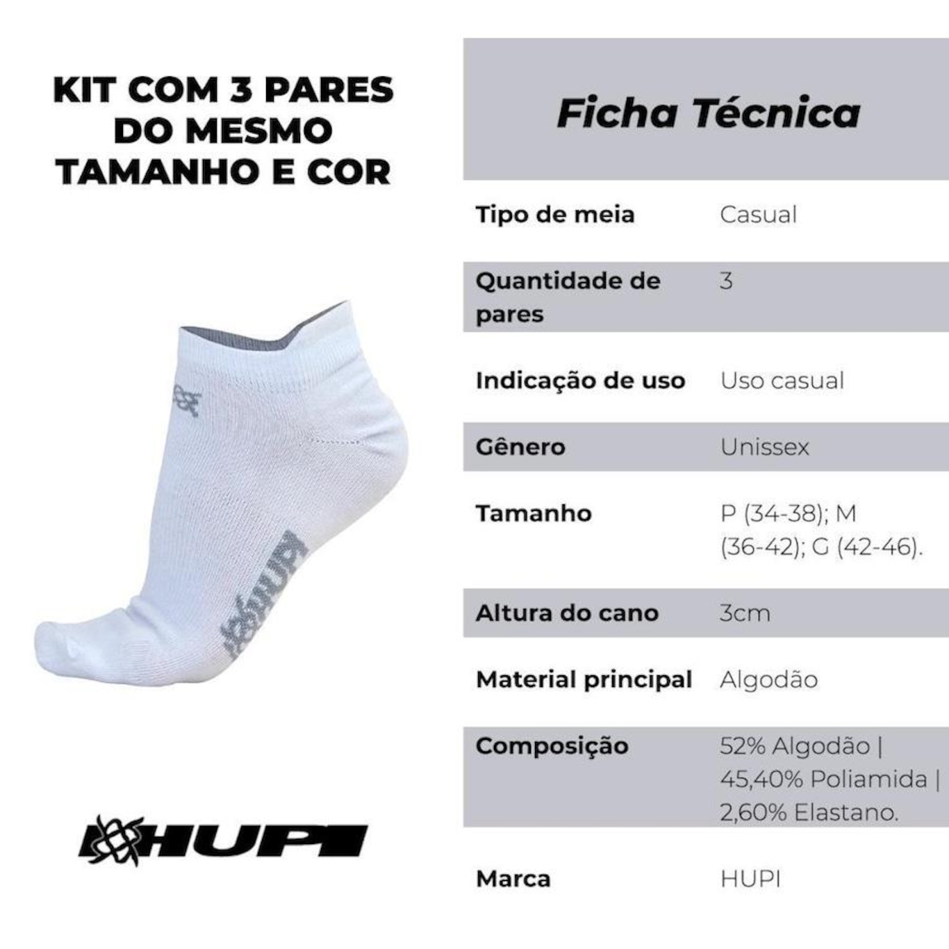 Kit Meia Invisível Hupi Casual com 03 Pares - 34 a 38 - Unissex - Foto 2