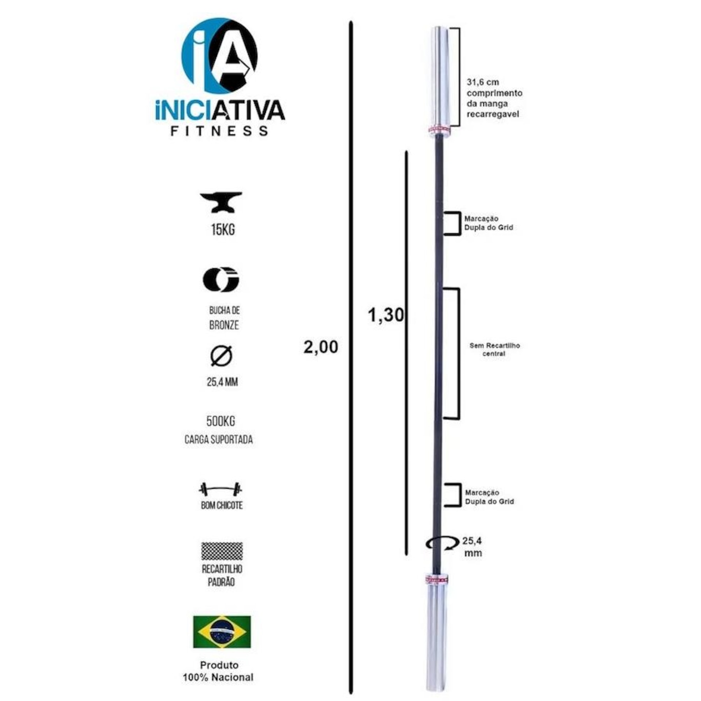 Barra Olímpica Iniciativa Fitness - 2 metros - Foto 2