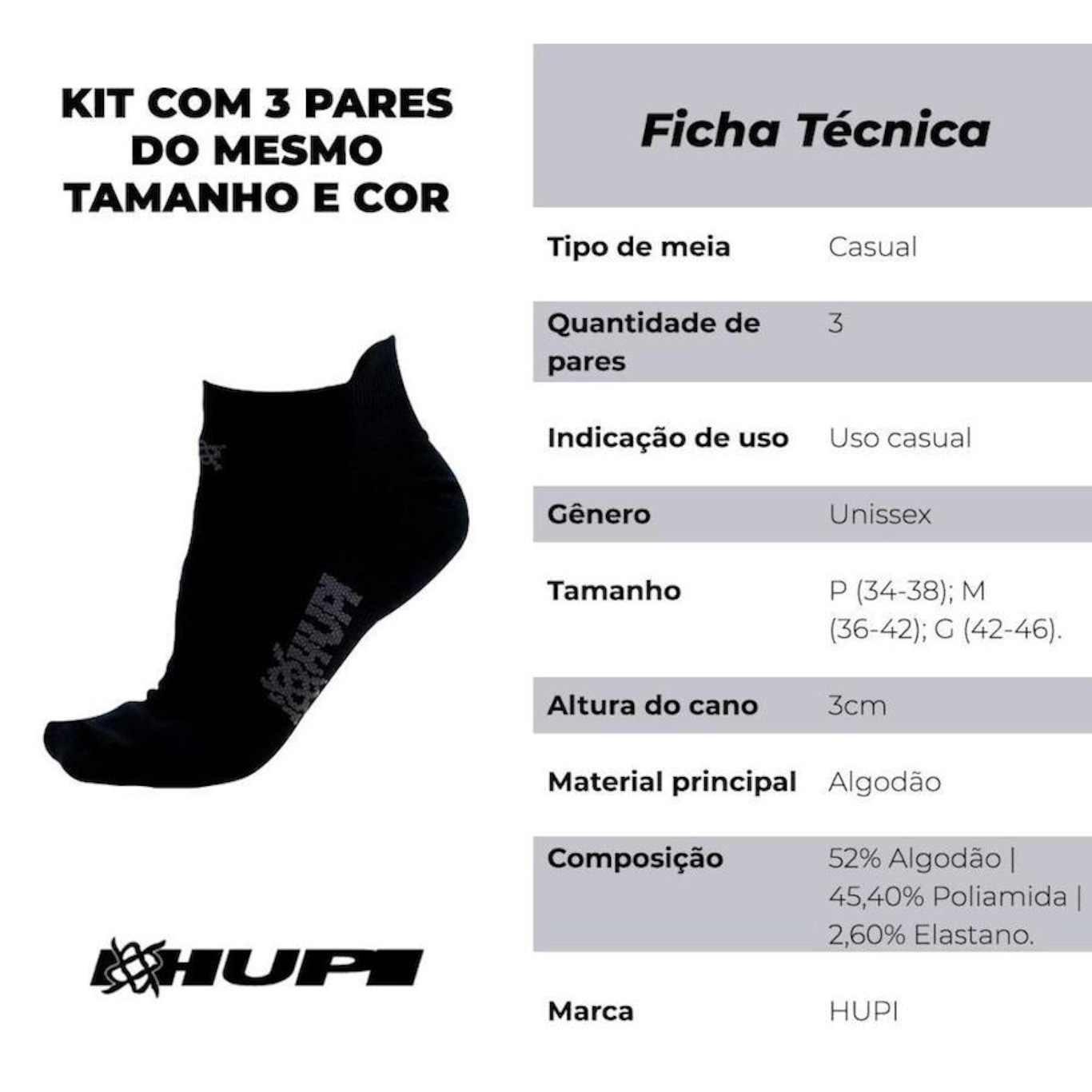 Kit Meia Invisível HUPI com 03 Pares - 36 a 42 - Adulto - Foto 2