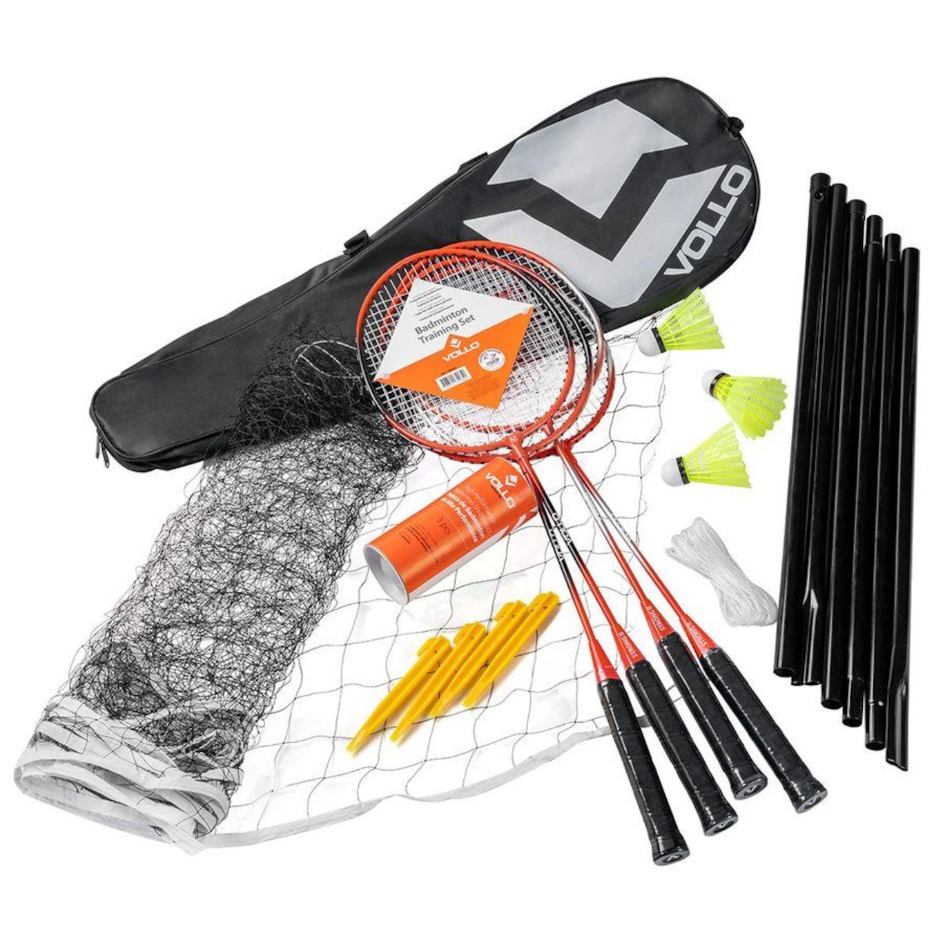 Kit de Badminton Vollo 4 Raquetes 3 Petecas de Nylon + Rede e Suporte - Foto 1