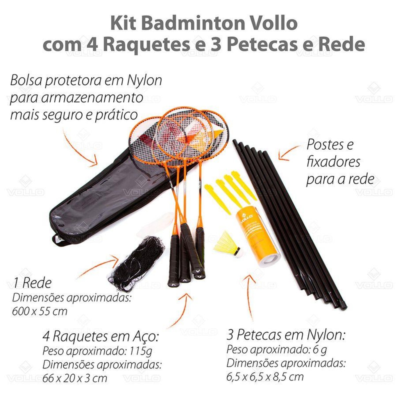 Kit de Badminton Vollo 4 Raquetes 3 Petecas de Nylon + Rede e Suporte - Foto 5