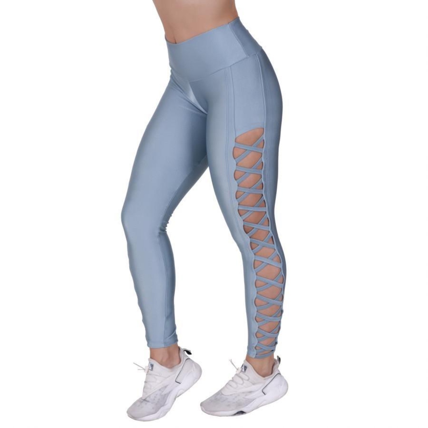 Calça Legging Fitness Orbis Fitness Fitness Tiras Lateral Cós Alto Cirrê Liso - Feminina - Foto 4