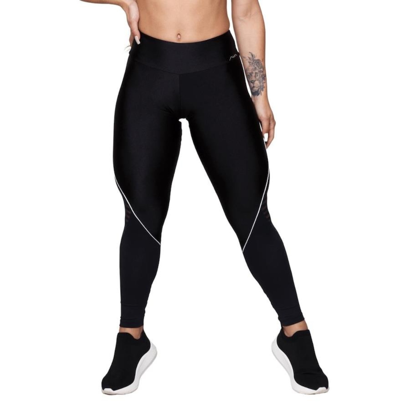 Calça Legging AVA Fitness Wear Poliamida Brilhoso com Tule Canelado - Feminina - Foto 1