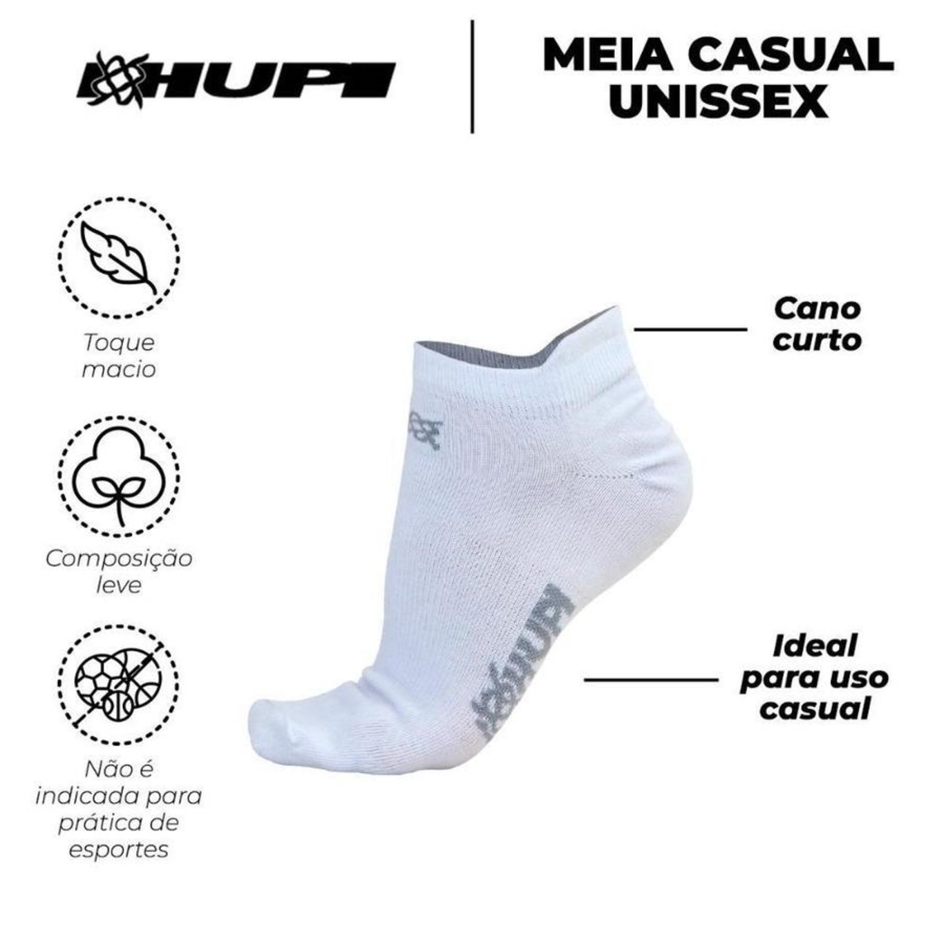 Kit de Meias Invisível Hupi Algodão com 3 Pares - Adulto - Foto 3