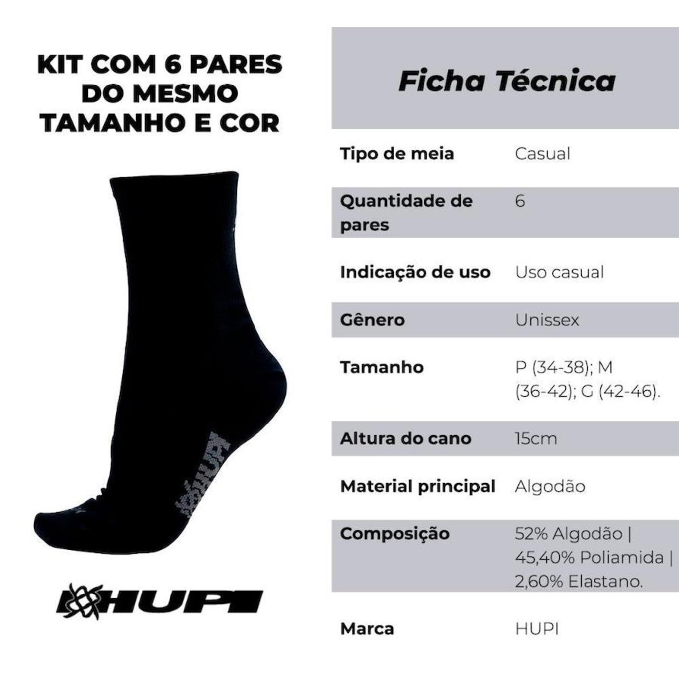 Kit de Meias Cano Longo Hupi Algodão com 6 Pares - Adulto - Foto 2