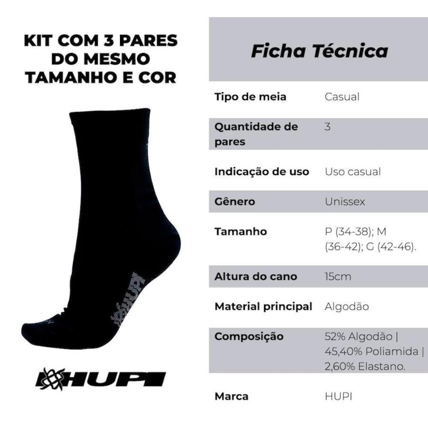 Kit de Meias Cano Longo Hupi Algodão com 3 Pares - Adulto - Foto 2