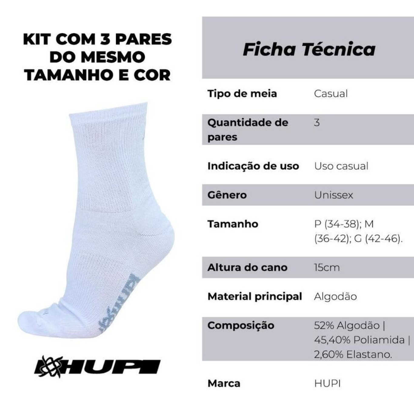 Kit de Meias Cano Longo Hupi Algodão com 3 Pares - Adulto - Foto 3