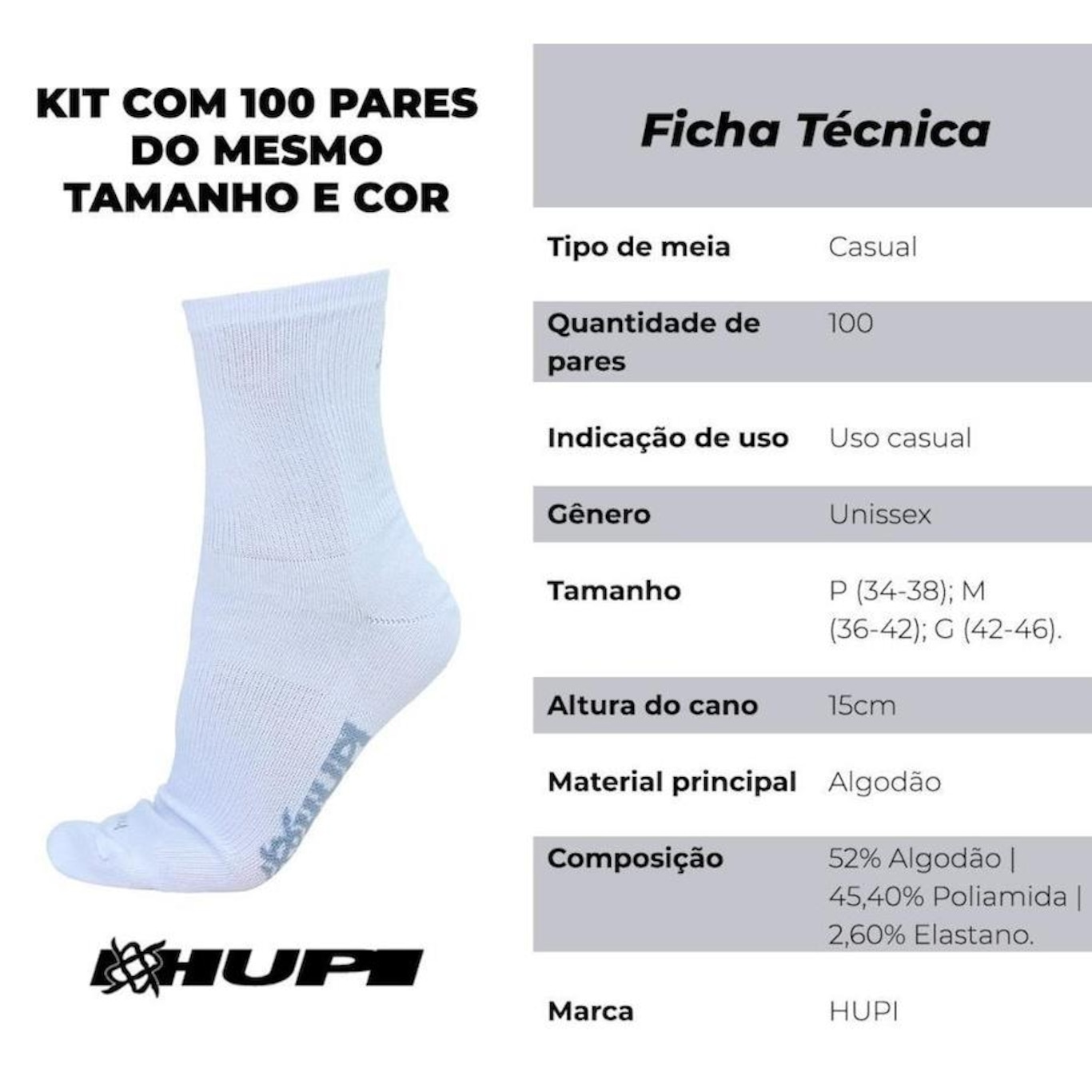 Meia Cano Longo Hupi Casual - 100 Pares - Unissex - Foto 2