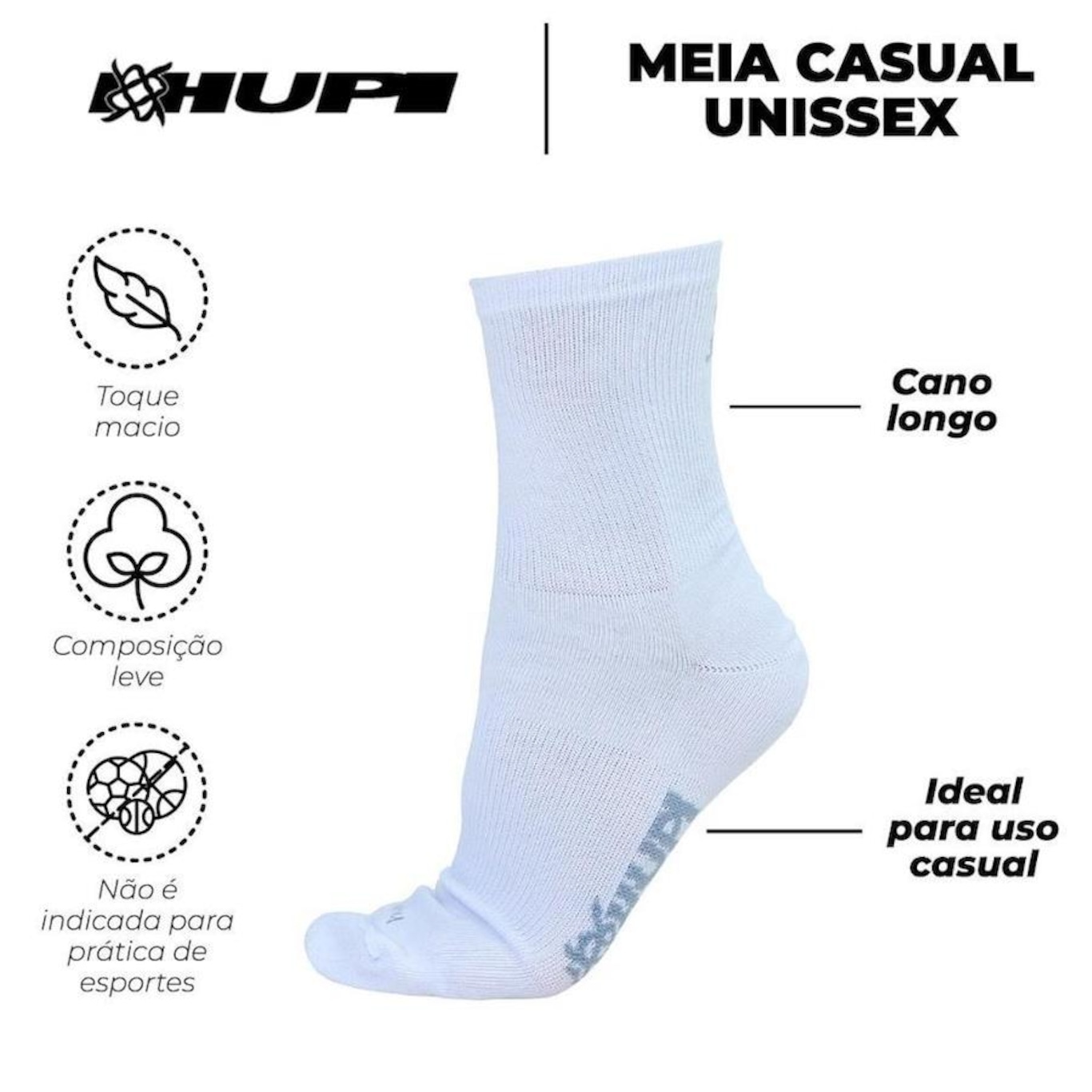 Meia Cano Longo Hupi Casual - 100 Pares - Unissex - Foto 3