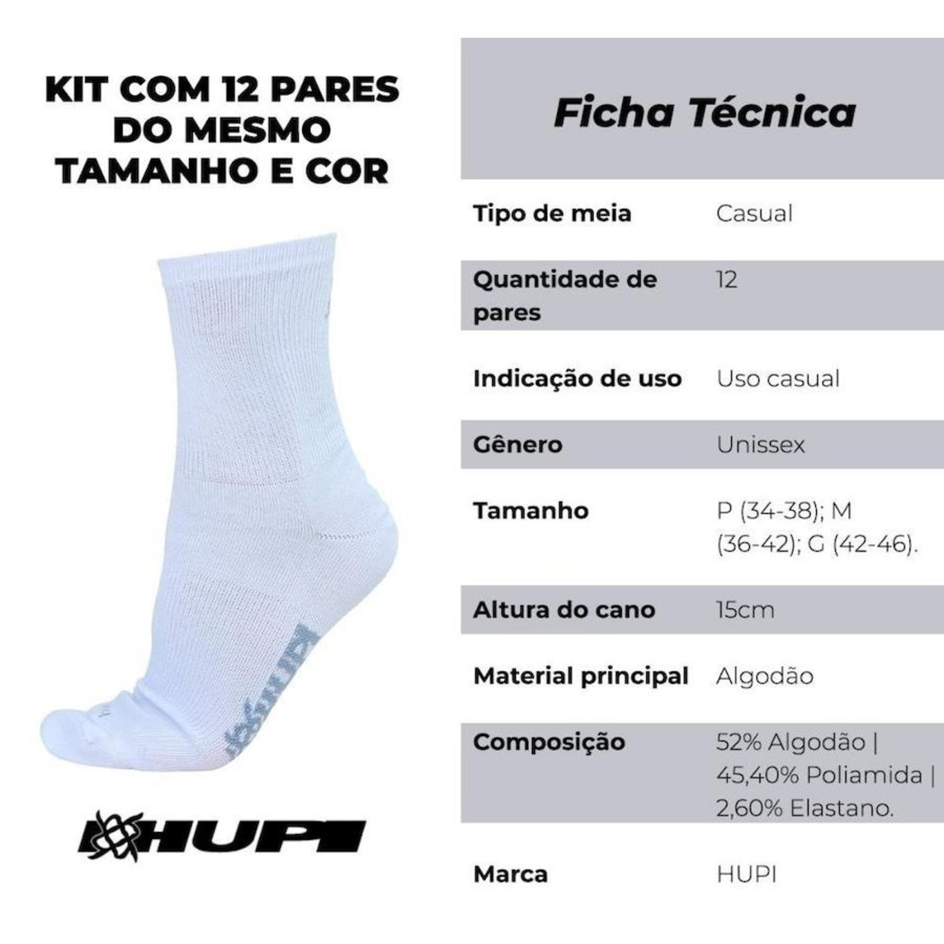 Meia Cano Alto Hupi Casual - 12 Pares - Unissex - Foto 2