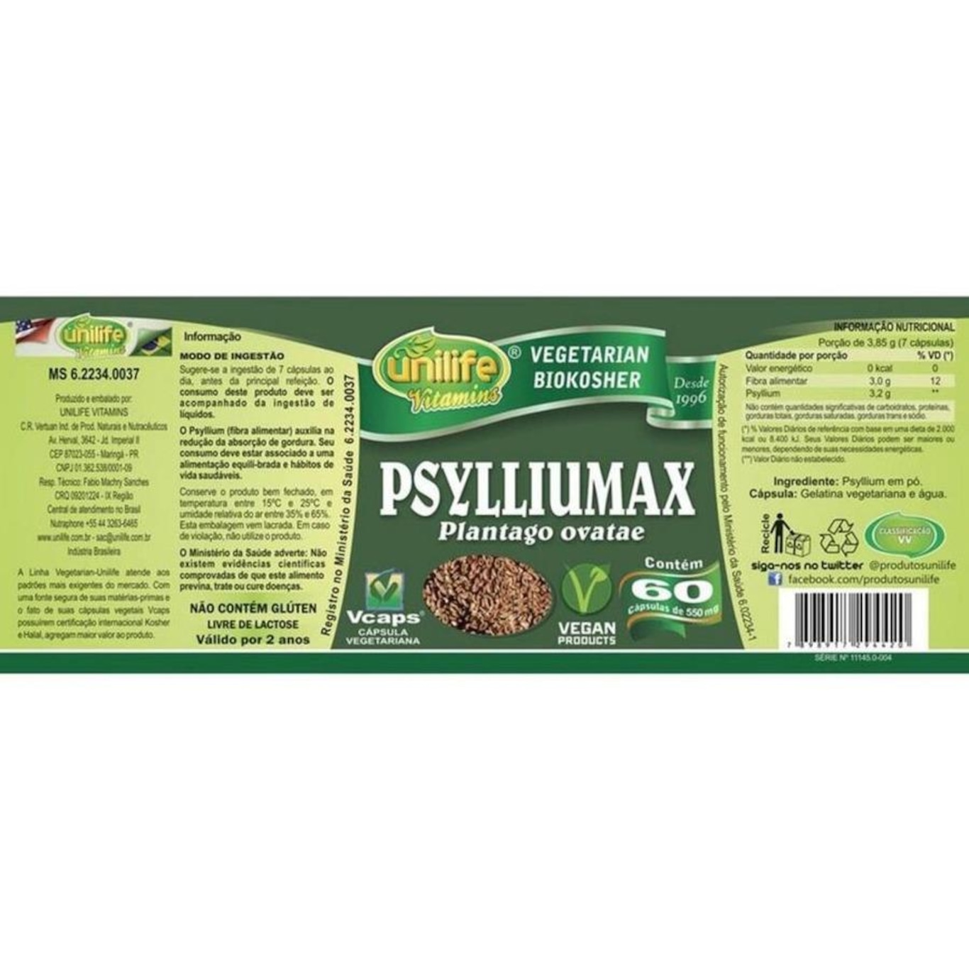 Kit De Psyllium Unilife Psylliumax - 60 Cápsulas - 3 Unidades | Centauro