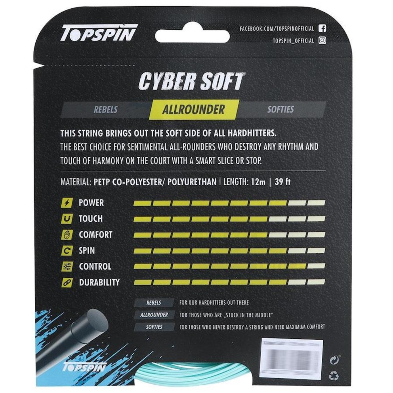 Corda para Raquete de Tênis Topspin Cyber Soft 17L 1.25mm - Set Individual