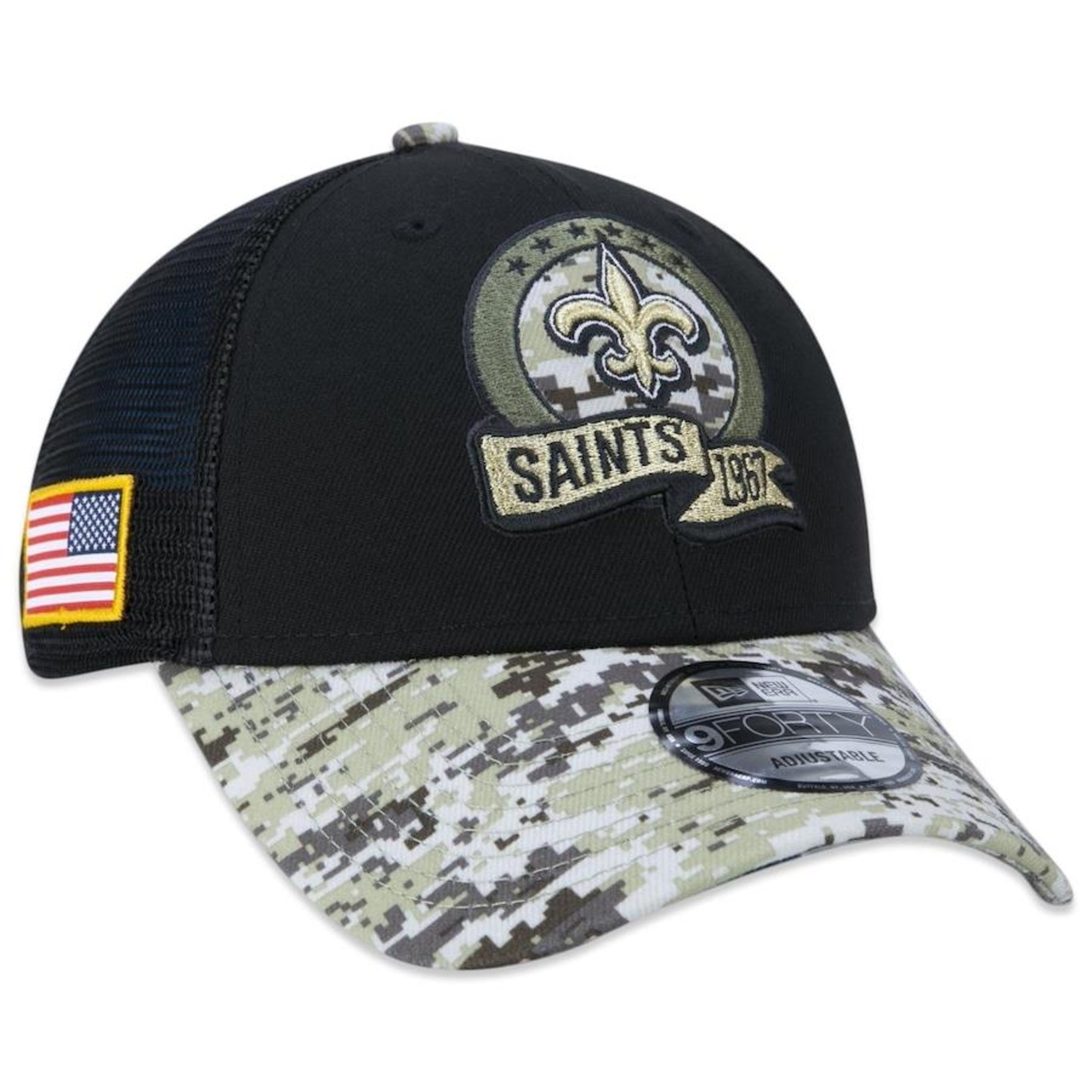 Boné Aba Curva New Era 9Forty New Orleans Saints Salute To Service 2022 - Snapback - Trucker - Adulto - Foto 1