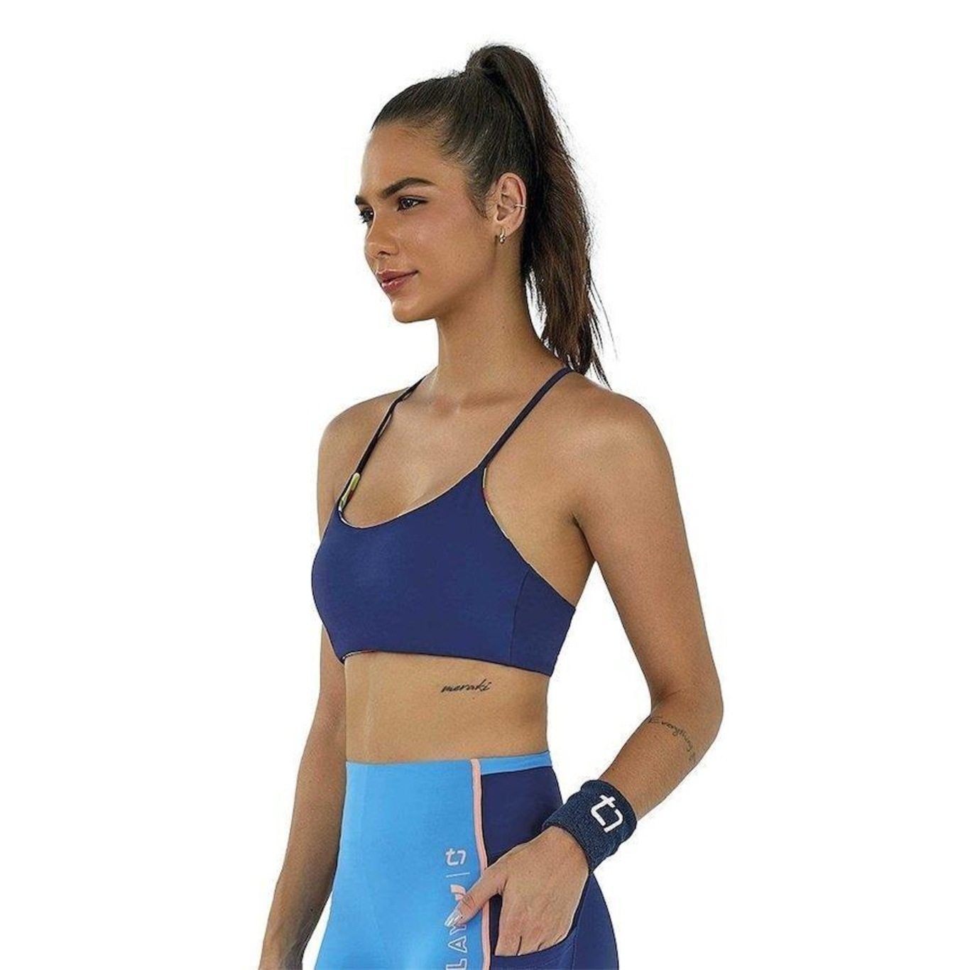 Top Alto Giro Feminino Dupla Face Fitness Treino Conforto Azul