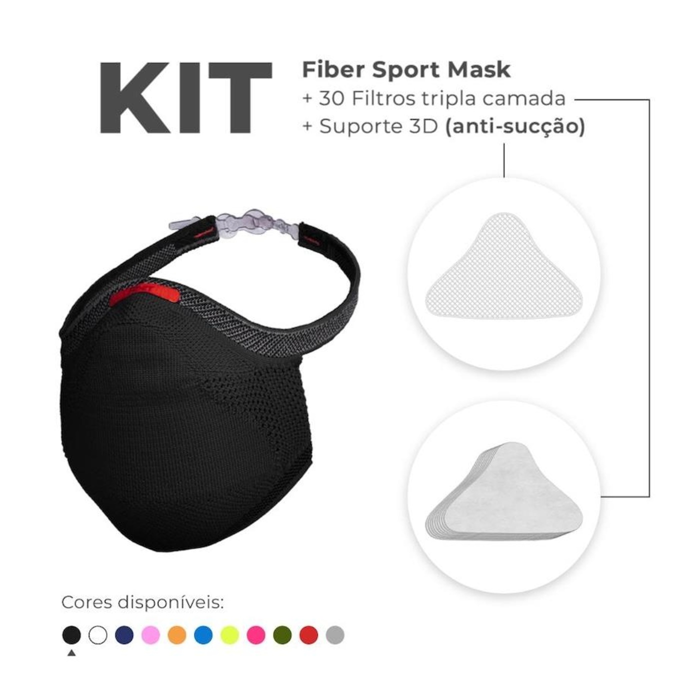 Kit de Máscara Fiber Knit Sport + 30 Filtros de Proteção + Suporte - Foto 2