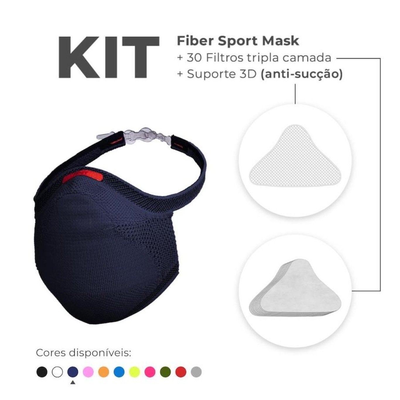 Kit de Máscara Fiber Knit Sport + 30 Filtros de Proteção + Suporte - Foto 2