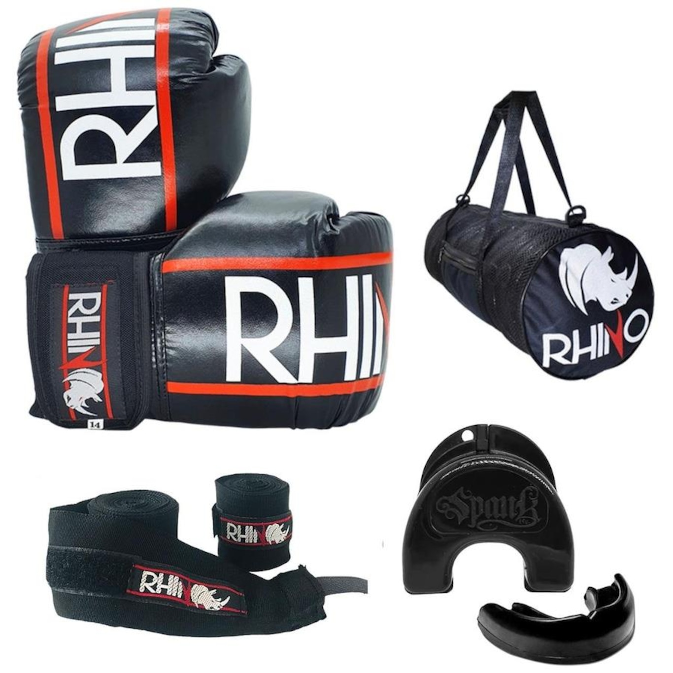 Kit de Treino Boxe Rhino com Luva + Bandagem+ Bucal + Bolsa - Adulto - Foto 1