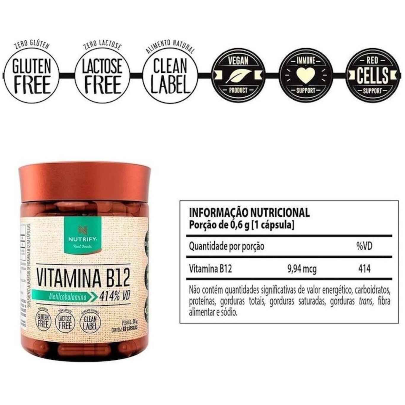 Vitamina B12 Metilcobalamina Nutrify Vegana - 60 Capsulas - Foto 2