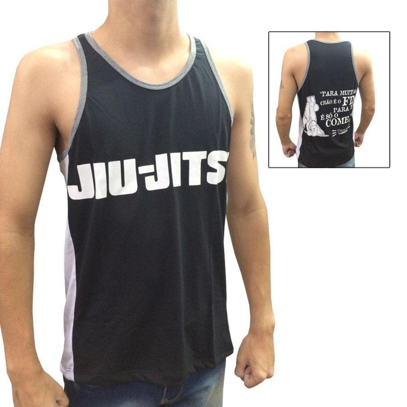 Camiseta/Regata Jiu Jitsu Vem pro Chão Preto/Cinza - Foto 1