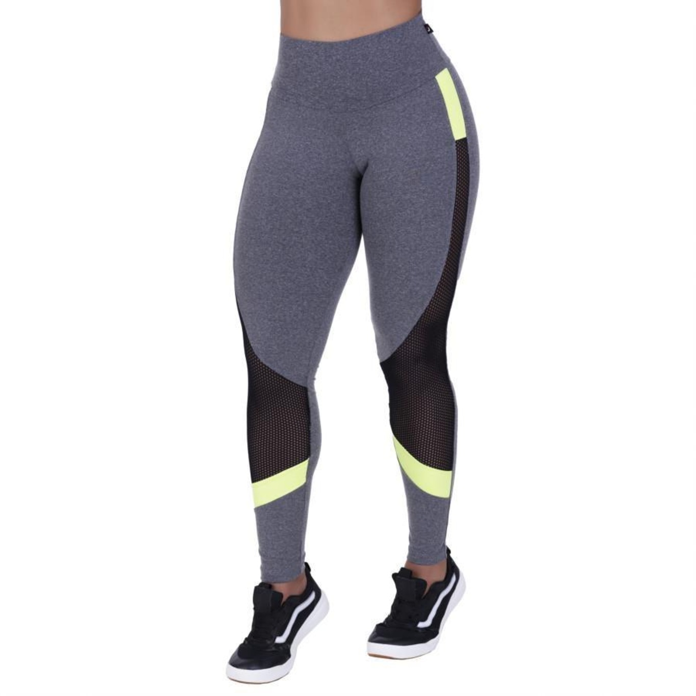 Calça Legging Plus Size Preta e Laranja Neon com Recortes de Tela