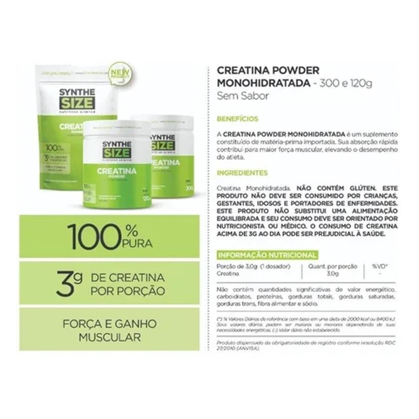 Creatina Powder Synthesize Monohidratada - 300G - Foto 3