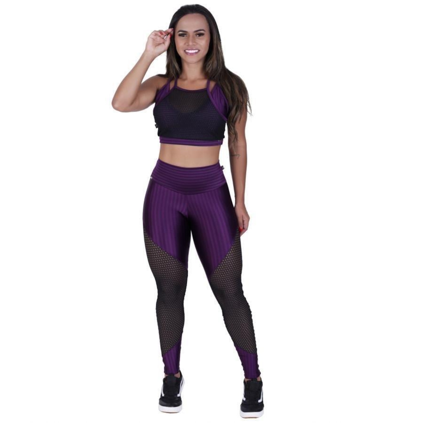 Conjunto Fitness Top + Calça Legging Feminino com Detalhe em Tela