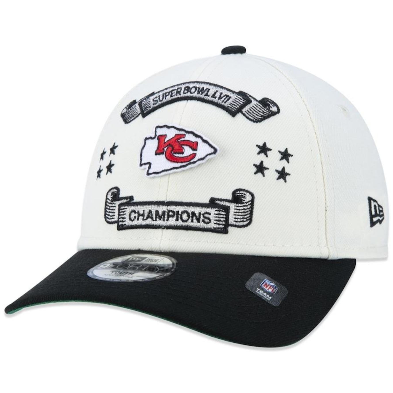 Boné Aba Curva New Era 9FORTY Kansas City Chiefs Campeao Super Bowl LVII - Snapback - Infantil - Foto 1