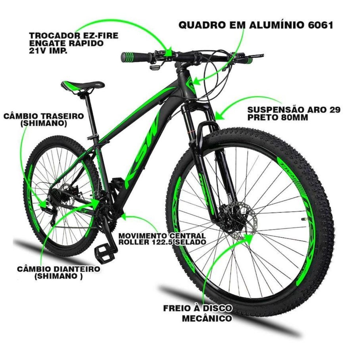 Bicicleta Aro 29 KSW Xlt Aluminio 32r - Freio a Disco - Câmbios Shimano - 21V - Adulto - Foto 2